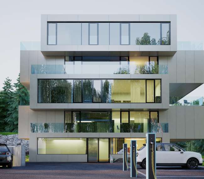 a building with a parking lot and a car