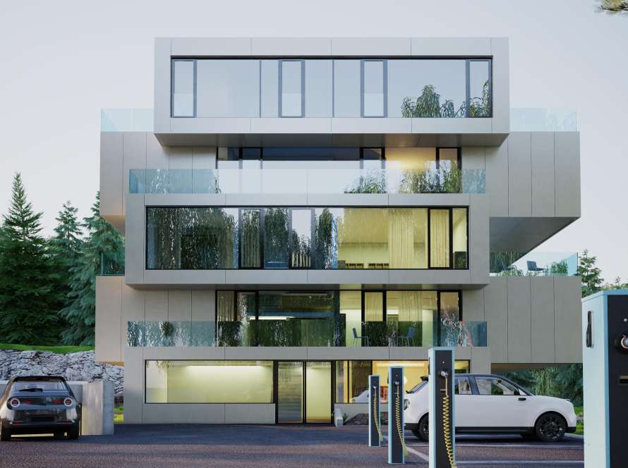 a building with a parking lot and a car
